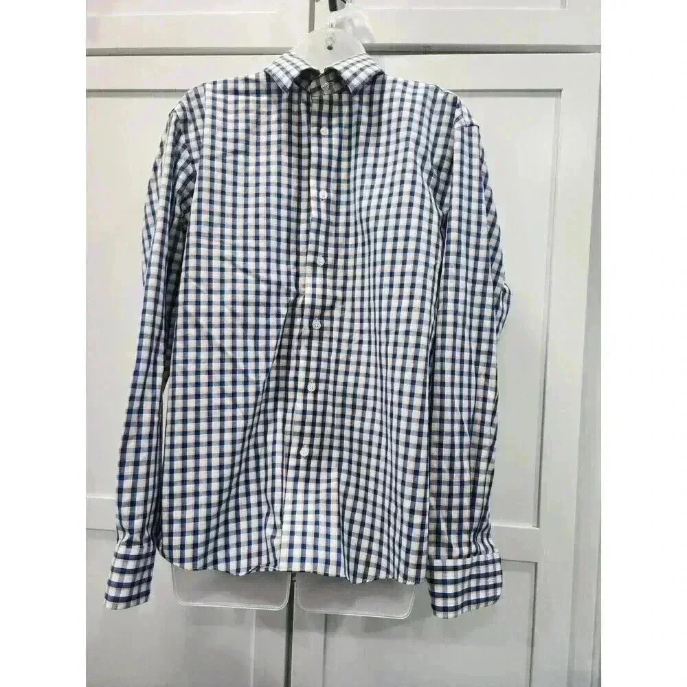 Egara Non Iron Button Up Shirt L Blue Yellow Checkered Long Sleeves Collared